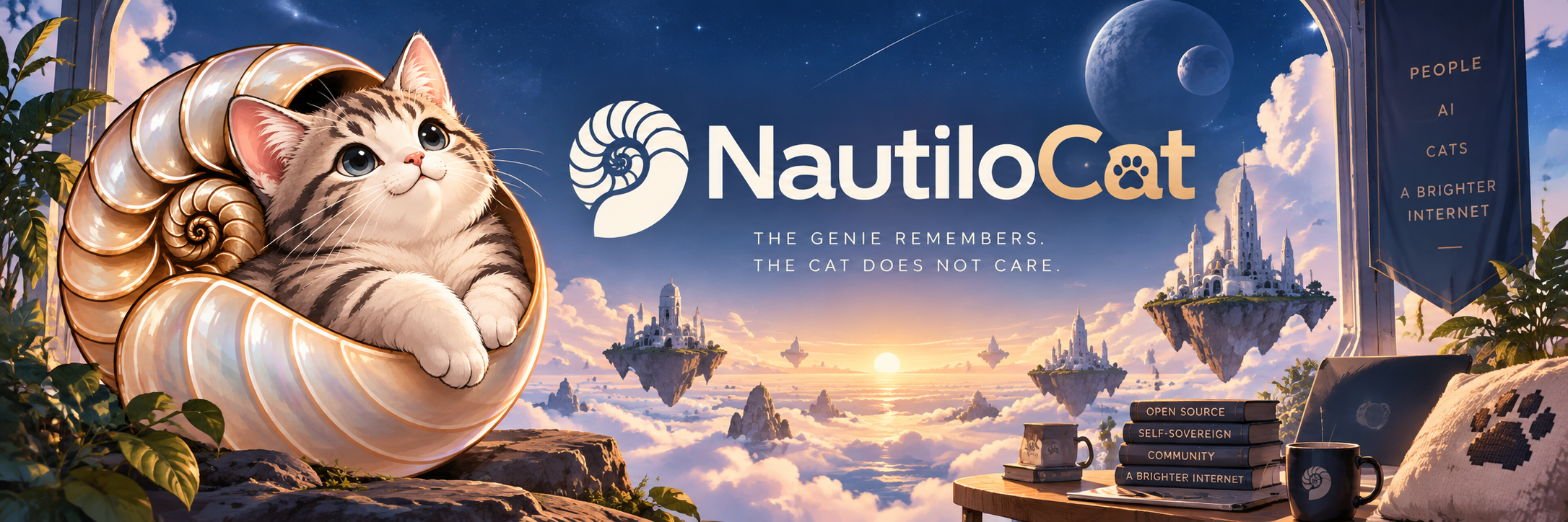 NautiloCat banner: a cat in a nautilus shell overlooking a dreamy floating city